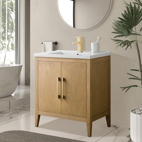 30 in. W x 18.5 in D x 34 in. H Single-Sink Bathroom Vanity Cabinet in Natural Oak with Ceramic Top in White