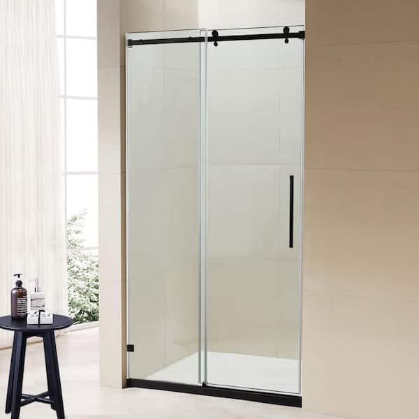 48 in. W x 76 in. H Fixed and Sliding Frameless Shower Door in Black Finish with Tempered Glass