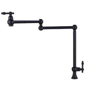 Matte Black Deck Mounted Pot Filler with Double Handle and Joint Swing Arm in Solid Brass