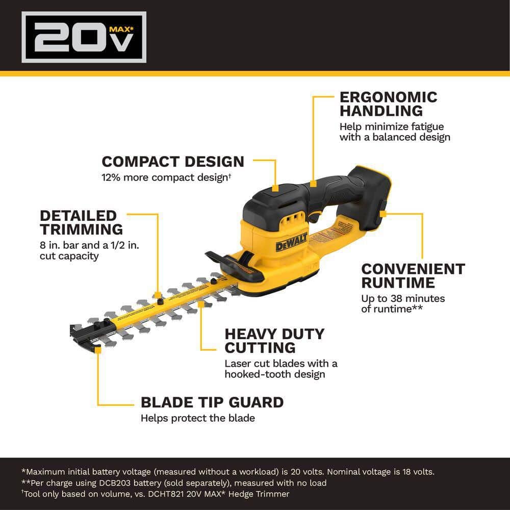 DEWALT 20V MAX 8 in. Compact Cordless Battery Powered Hedge Trimmer (Tool-Only) DCHT823B