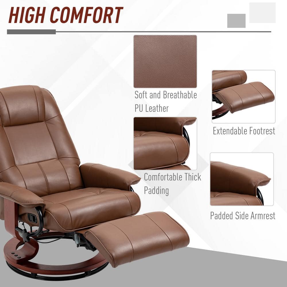 Brown Faux Leather Swivel Recliner with Wood Base