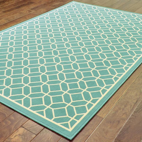 Blue, Ivory 4 ft. x 6 ft. Loomed Geometric Polypropylene Rectangle Indoor/Outdoor Area Rug