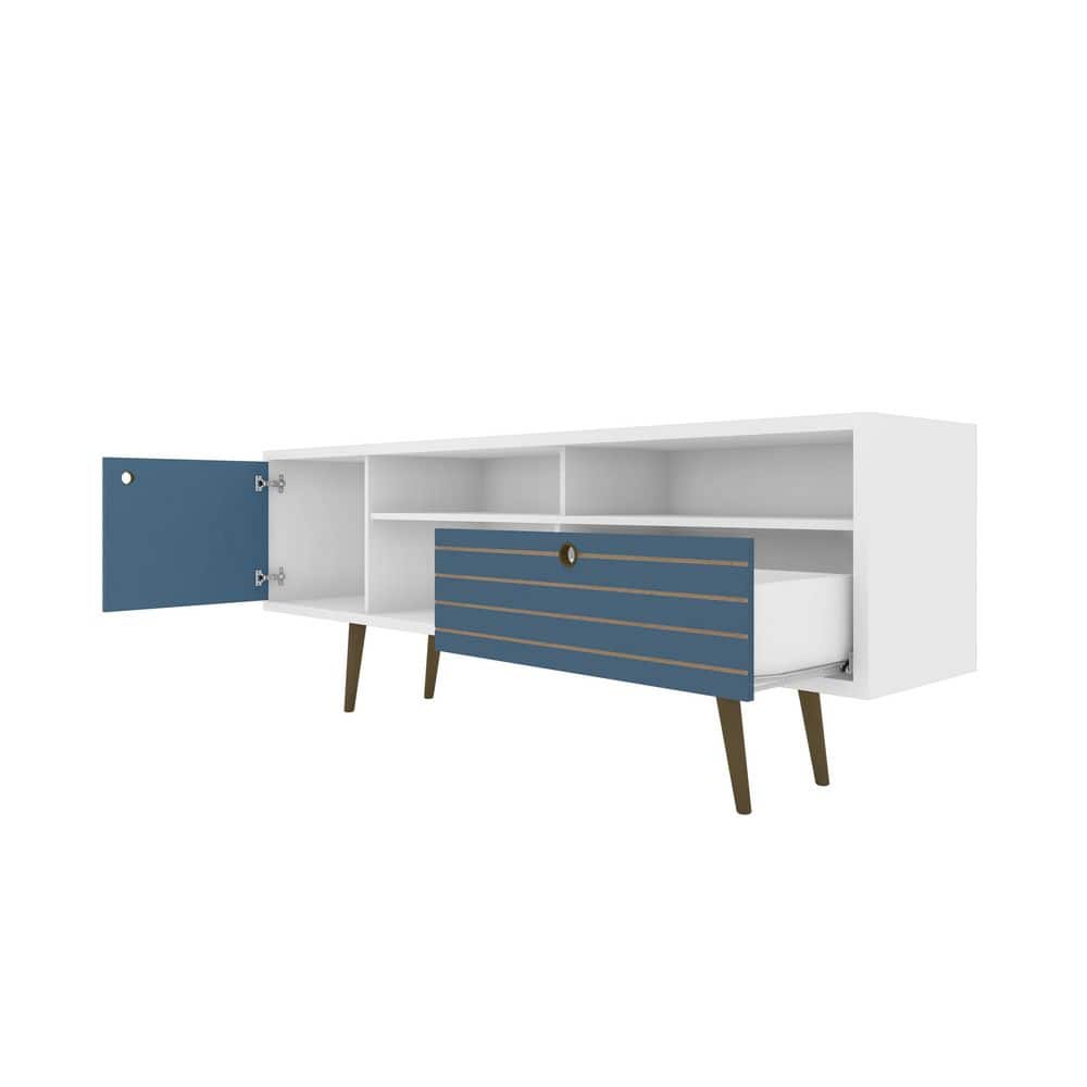 White and Aqua Blue Mid-Century Modern TV Stand with Cabinet