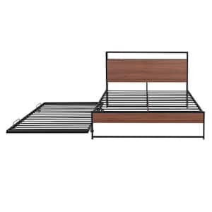 Brown Metal Frame Queen Platform Bed with Trundle Wooden Headboard USB Ports and Slat Support