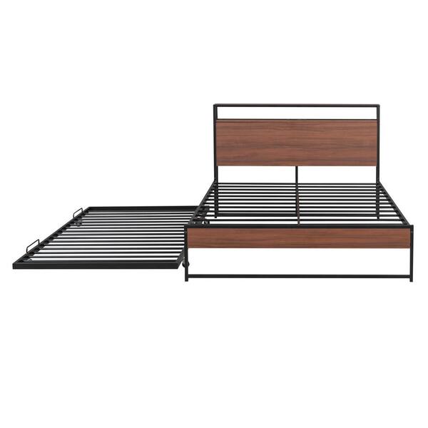 Unbranded Brown Metal Frame Queen Platform Bed with Trundle Wooden Headboard USB Ports and Slat Support