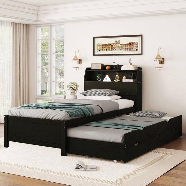 Nestfair Espresso Black Wood Frame Twin Size Platform Bed with LED