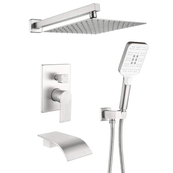 Single Handle 3-Spray Wall Mount Tub and Shower Faucet 2.5 GPM, 10 in. Head Shower in Matte Brushed Nickel Included