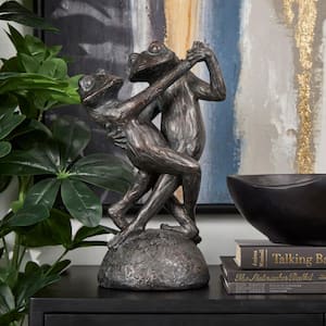 7 in. x 17 in. Bronze Resin Patina Dancing Frog Sculpture with Rock Base