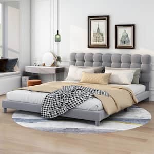 Gray Wood Frame Queen Size Velvet Upholstered Platform Bed with Soft Plump Square-Tufted Headboard, Additional Legs