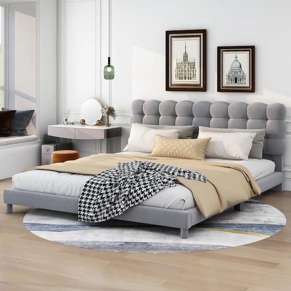 Harper & Bright Designs Gray Wood Frame Queen Size Velvet Upholstered Platform Bed with Soft Plump Square-Tufted Headboard, Additional Legs