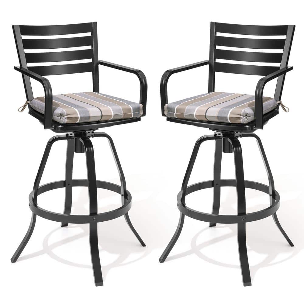 Ergonomic Black Cast Aluminum Swivel Bar Chair with Milano Char Cushion