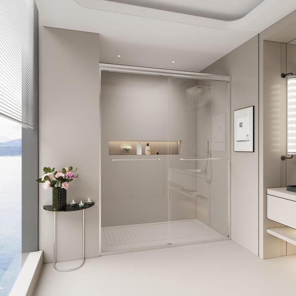 56-60 in. W x 72 in. H Sliding Semi-Frameless Shower Door in Chrome Finish with Clear Glass