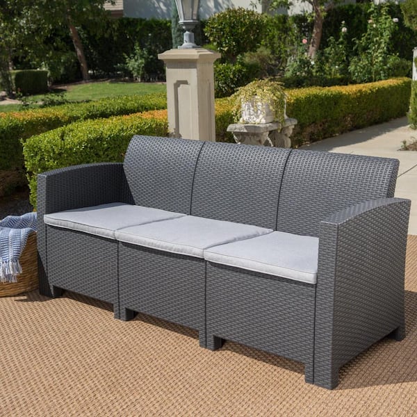 Unbranded 1-Piecec Composite Outdoor 3-Seater Faux Wicker Sectional with Water Resistant Gray Cushions, Black for Patio Porch