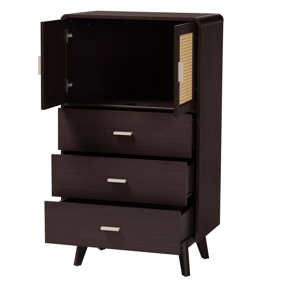 Giancarlo Espresso Brown 3-Drawer Wood Storage Chest with Rattan Doors