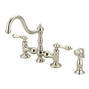 2-Handle Bridge Kitchen Faucet with Plastic Side Sprayer in Polished Nickel PVD