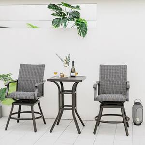 3-Piece Wicker Patio Conversation Set Rattan Bar Table Stools Set Aluminum 360° Swivel Chairs with Padded Seat
