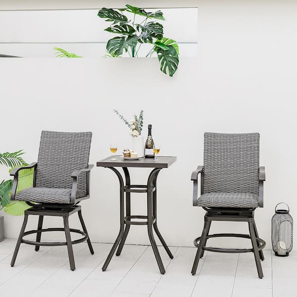 3-Piece Wicker Patio Conversation Set Rattan Bar Table Stools Set Aluminum 360° Swivel Chairs with Padded Seat