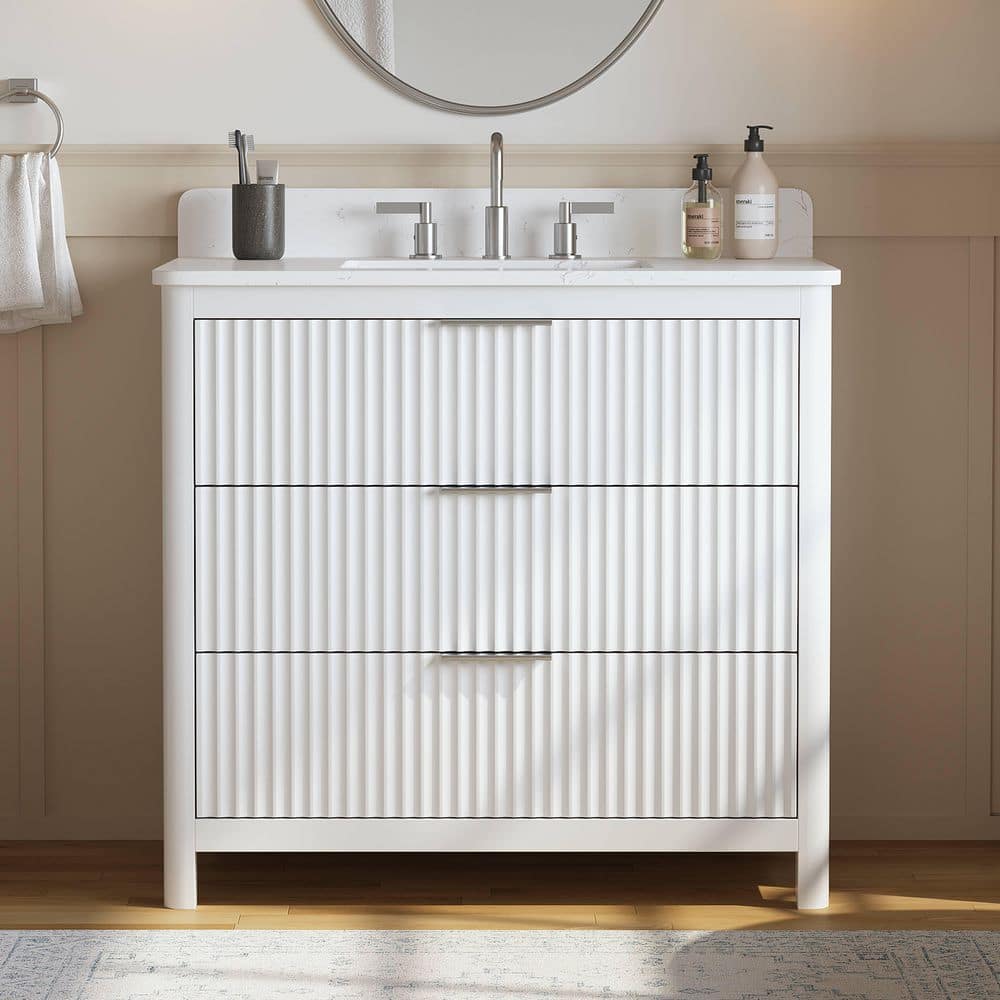 Gwen 37 in. Single Sink Freestanding White Bath Vanity with Carrara White Engineered Stone Top and Backsplash Assembled price history on PriceWatchPro