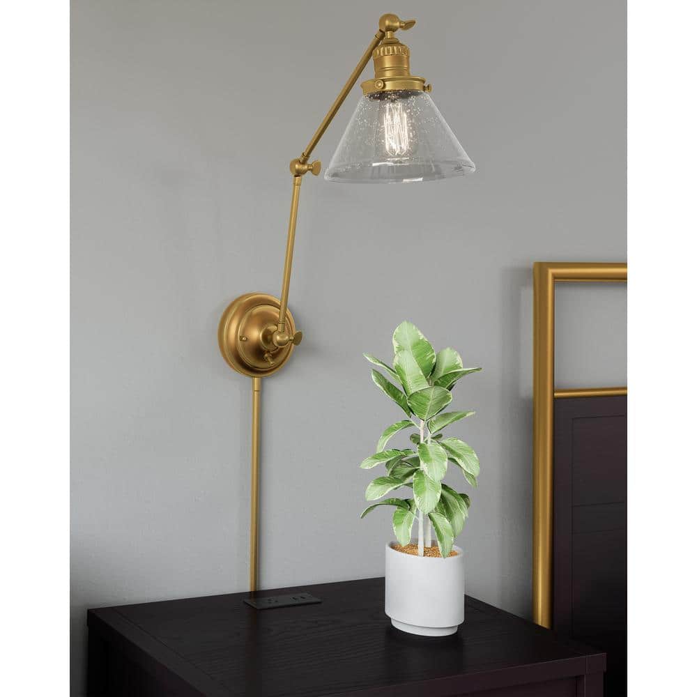 Satin Gold Swing Arm Wall Sconce with Clear Glass Shade