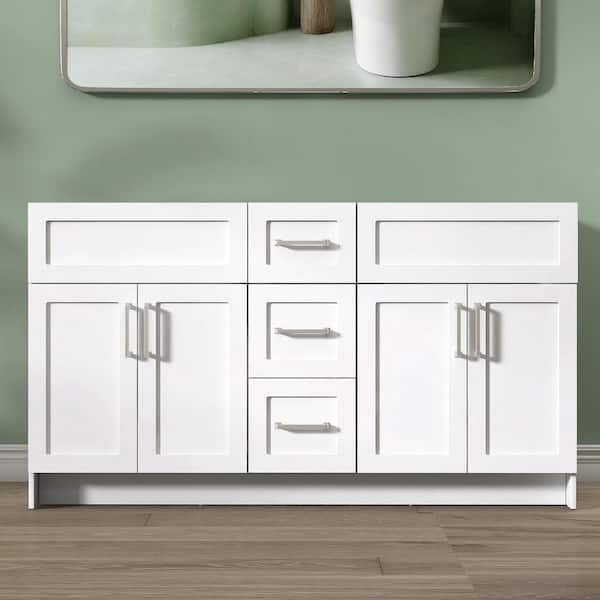 Unassembled 60 in. MDF Bath Vanity Cabinet without Top in White Dove with 3-Drawers 4-Doors, Soft Closing Floor Cabinet