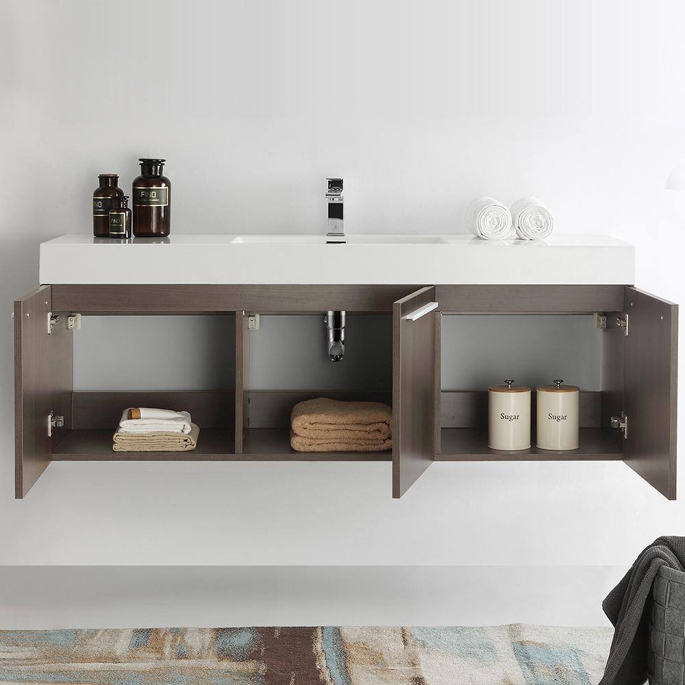 Gray Oak 60" Wall Mounted Single Sink Vanity with Acrylic Top