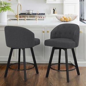 26 in. Gray Fabric Metal Frame Upholstered Counter Height Swivel Bar Stools With Bronze Rivets (Set of 2)