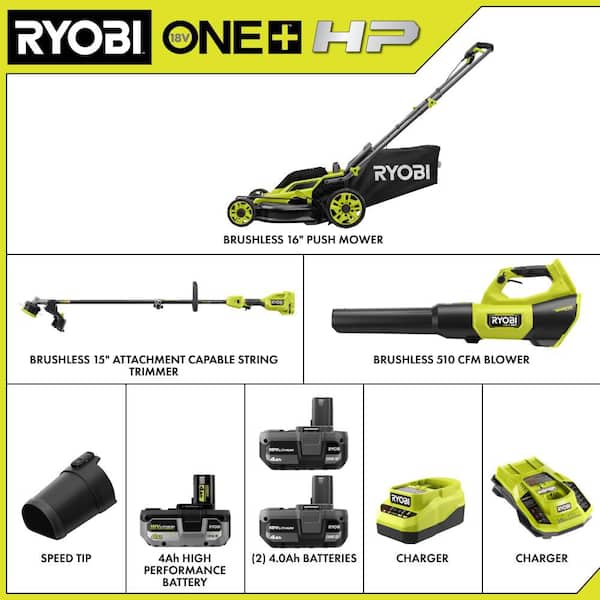 ONE+ HP 18V Brushless 16" Cordless Push Lawn Mower, w/ 15" String Trimmer, 510 CFM Blower, (3) Batteries & (2) Chargers