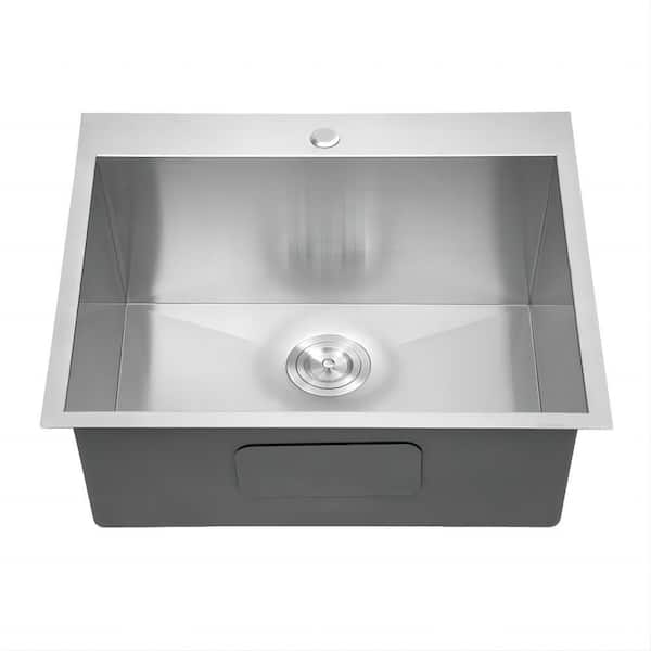 Modland Loile 25 in. L Drop In Single Bowl 18 Gauge Brushed Nickel Stainless Steel Kitchen Sink with Grid, Rack and Strainer
