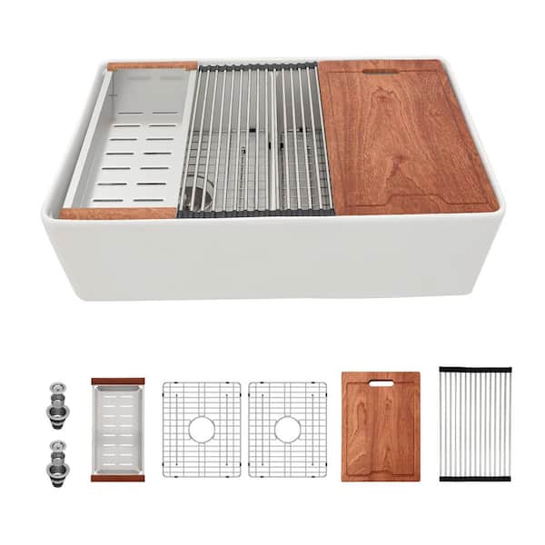 33 in. Farmhouse Double Bowl (50/50) 16-Gauge White Ceramic Kitchen Sink with Cutting Board, Colander