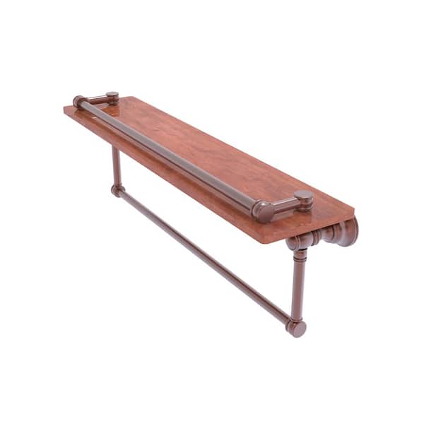 Carolina Collection W22 in. x H7.4 in. x D5.54 in. Brass Rectangular Wood Gallery Shelf with Towel Bar in Antique Copper