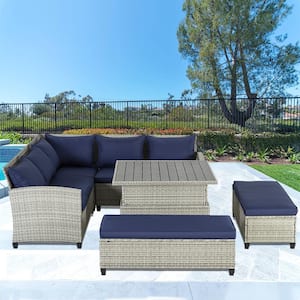 6-Piece Gray Wicker Rattan Outdoor Sectional Sofa Set with Adjustable Height Coffee Table and Blue Cushions