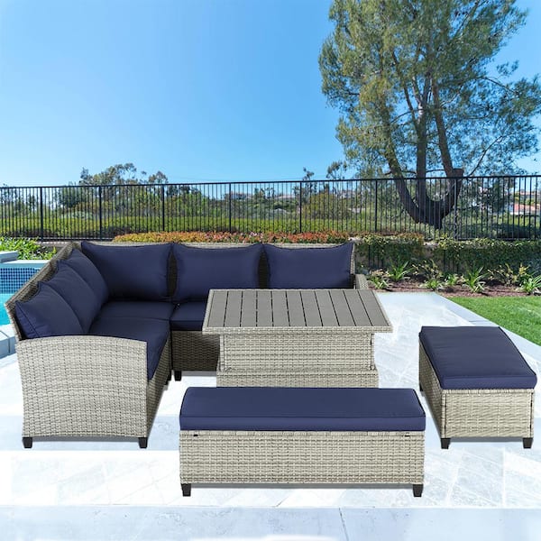 Unbranded 6-Piece Gray Wicker Rattan Outdoor Sectional Sofa Set with Adjustable Height Coffee Table and Blue Cushions
