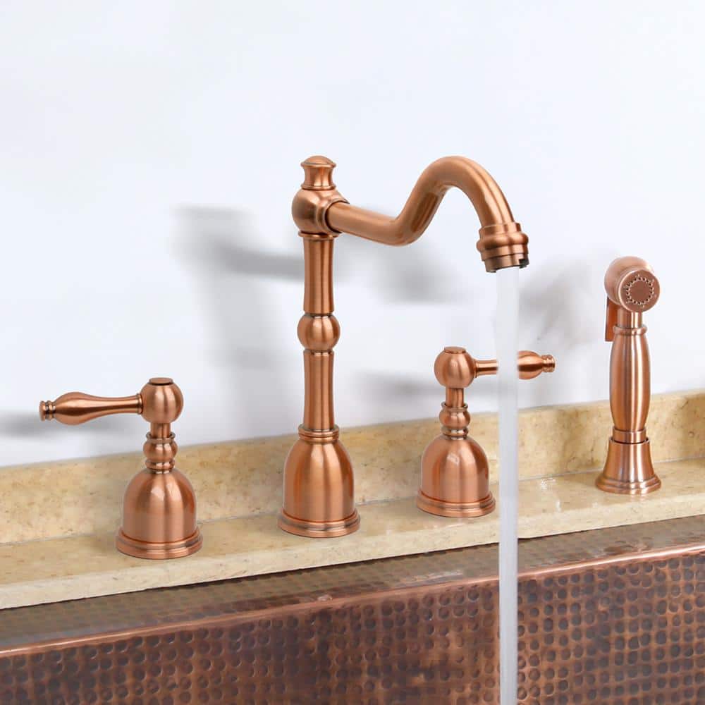 Brushed Copper Double-Handle Widespread Kitchen Faucet with Side Spray
