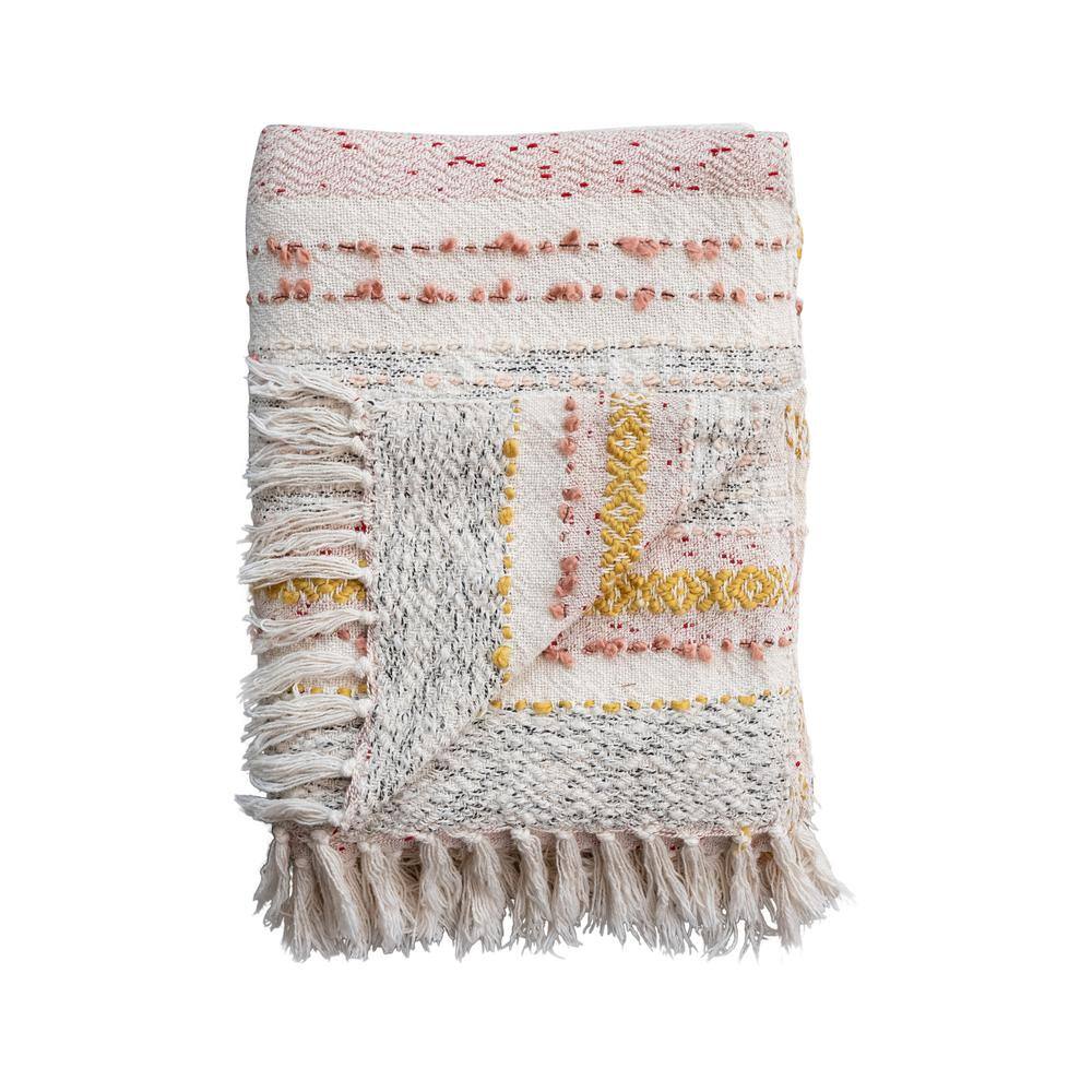 Multicolor Woven Cotton Striped and Embroidered Throw Blanket with Fringe