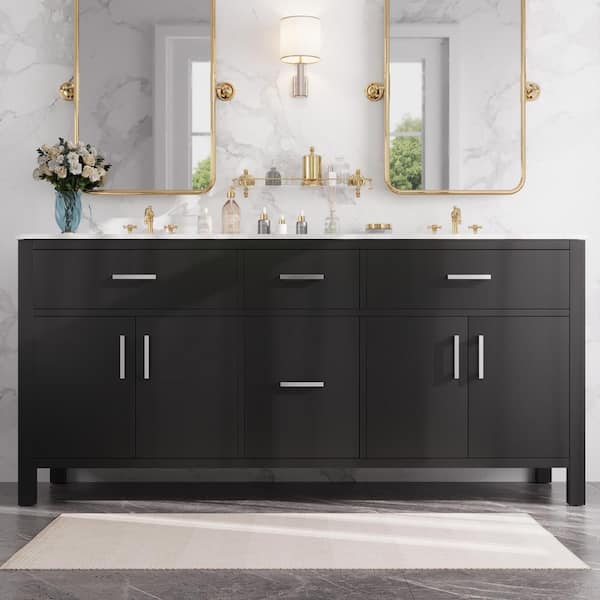 DEERVALLEY 72 in. Double Sink Freestanding Black Wood Bath Vanity with White Engineered Marble Top（Assembled）