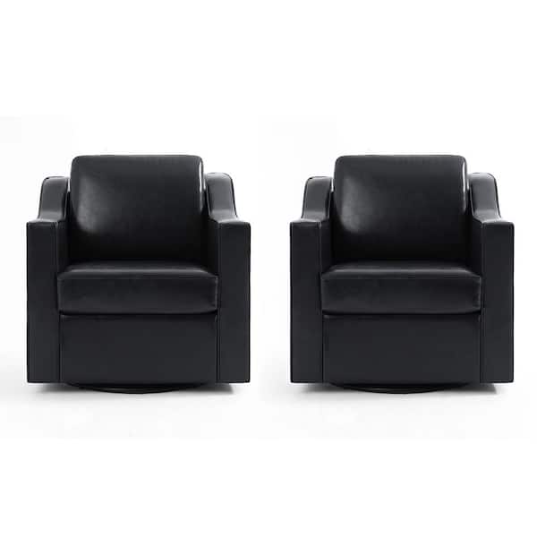 Modern Black Faux Leather Upholstered Swivel Accent Barrel Chair with Metal Base (Set of 2)