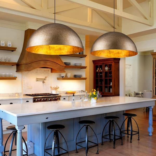 Camila 3-Light 31" Modern Industrial Brass with Gold Foil Pot Cover Large Dome Pendant Light Kitchen Island Lighting