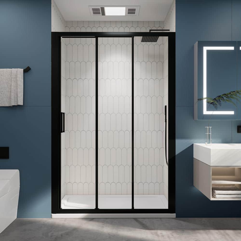 54" Matte Black Semi-Frameless Sliding Shower Door with Clear Glass