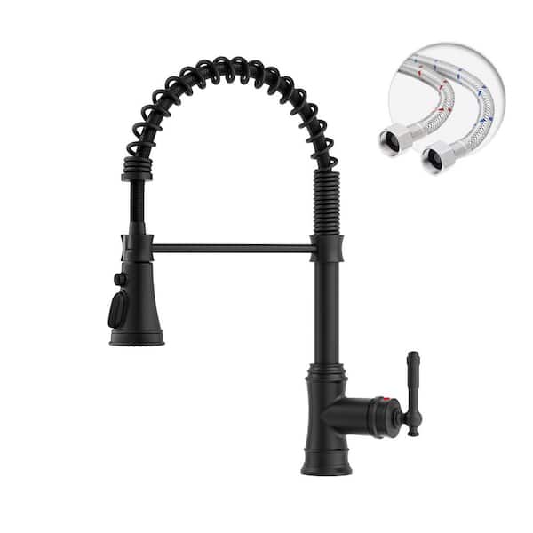Single-Handle Pull-Down Sprayer Coil Spring High-Arc Kitchen Faucet with Deckplate Sink Faucet in Matte Black