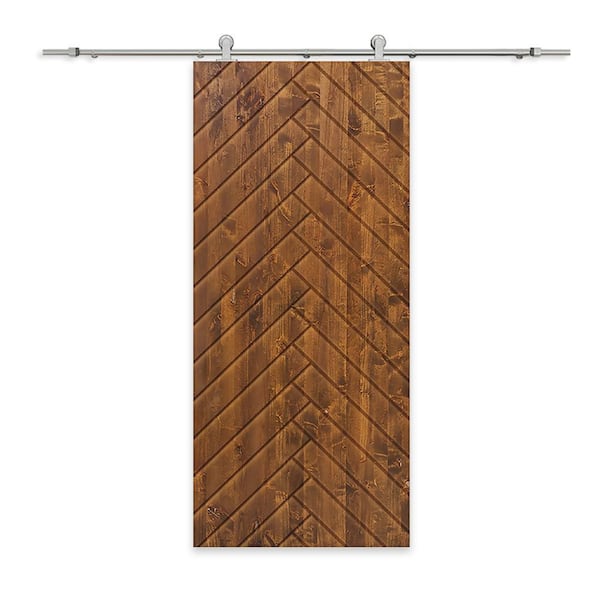 CALHOME 30 in. x 80 in. Walnut Stained Pine Wood Modern Interior Sliding Barn Door with Hardware Kit