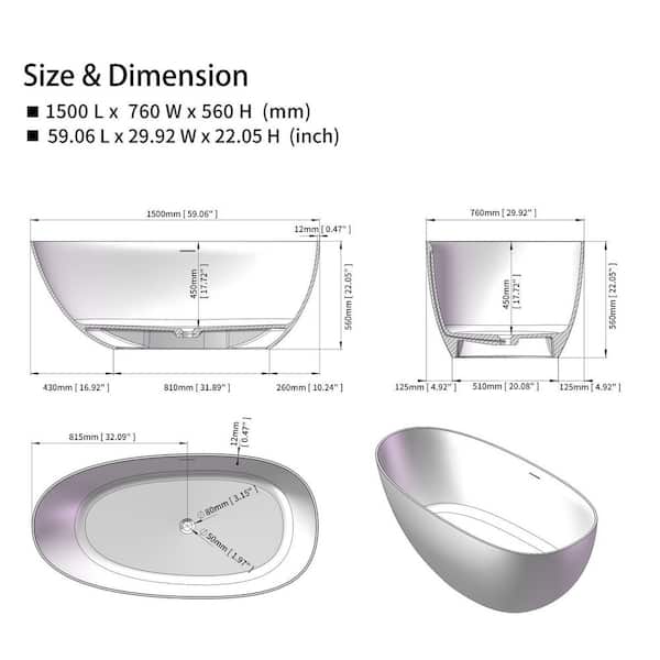Moray 59 in. x 29 in. Solid Surface Stone Resin Flat Bottom Freestanding Bathtub Soaking Bathtub in Matte White