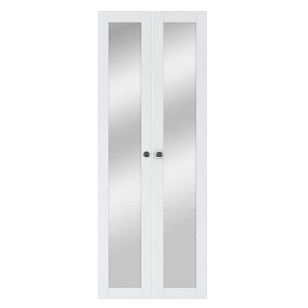28 in. x 80 in. 1-Lite Mirrored Glass Solid Core White Finished Pivot Glass Bi-Fold Door with 2-Types of Hardware
