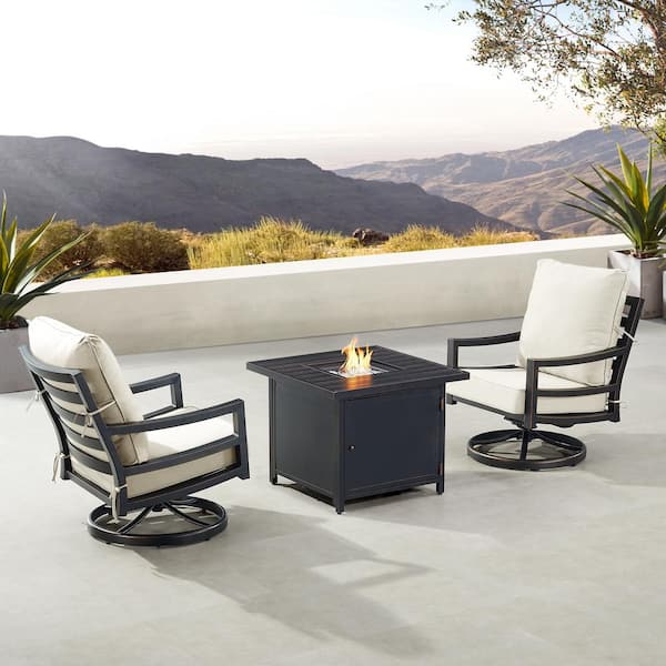 Oakland Living Black 3-Piece Aluminum Patio Fire Pit Set with 2-Club Chairs Light Grey Cushions