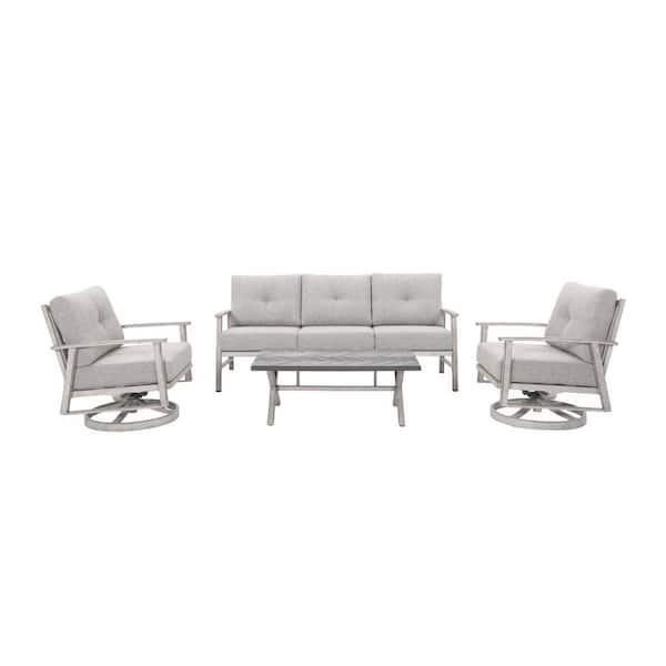 Light Gray 4-Piece Aluminum Outdoor Patio Conversation Sofa Set with Swivel Sofa and Gray Cushions