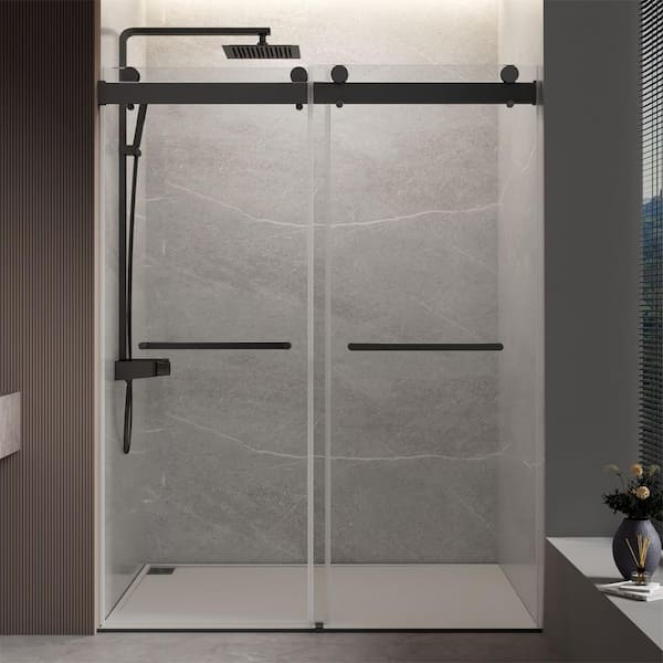 Abruzzo 60 in. W x 76 in. H Double Sliding Frameless Shower Door with 0.39 in. Clear Glass in Matte Black