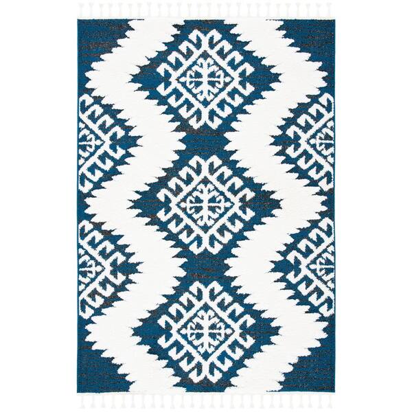 Moroccan Tassel Shag 7 x 9 Navy/Ivory Tribal Area Rug