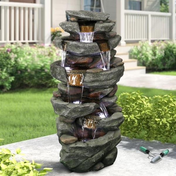 Watnature 40 6 In Resin Fiber Outdoor, Solar Powered Multi Layer Garden Water Feature Fountain With Led Lights