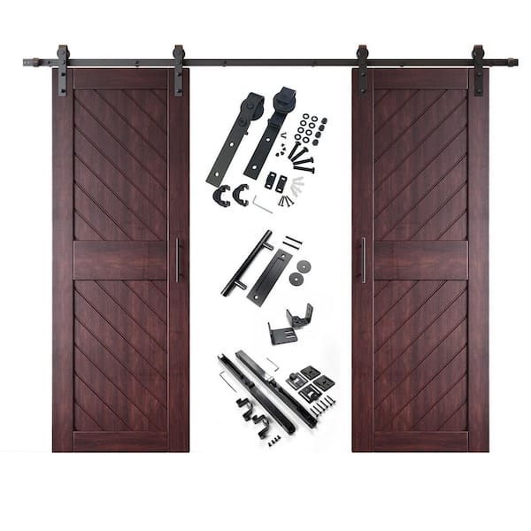 HOMACER XT2 30 in. x 84 in. C-Panel Red Mahogany Slanted Stripe Design Double Pine Wood Sliding Barn Door with Hardware Kit