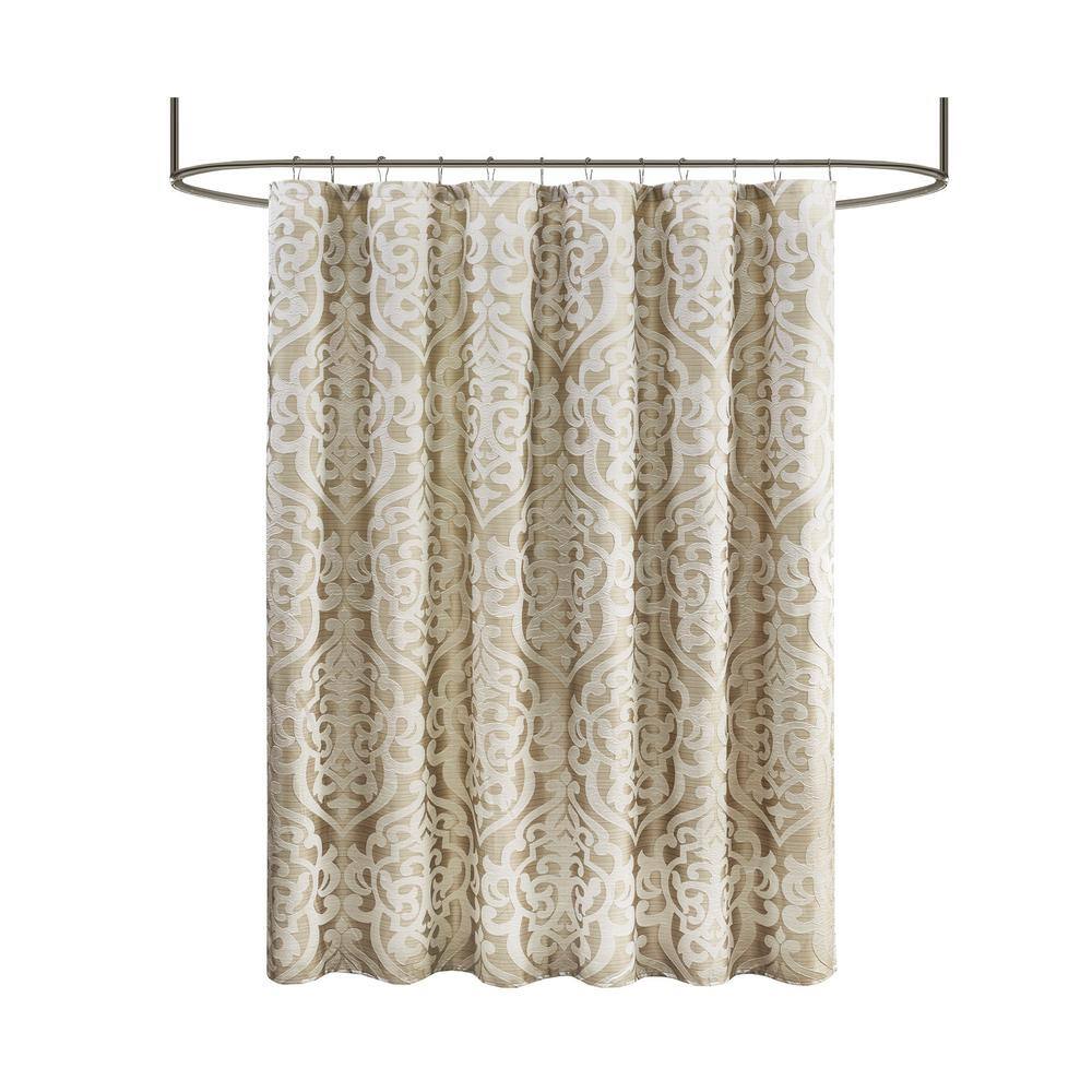 Tan and Ivory Damask Jacquard Fabric Shower Curtain