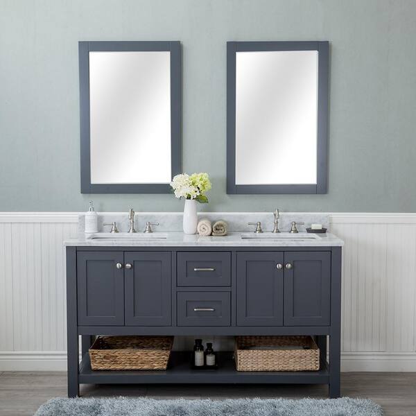 Alya Bath Wilmington 60 in. W x 22 in. D Vanity in Gray with Marble Vanity Top in White with White Basin and Mirror